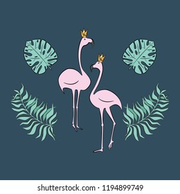 Flamingo princess with bird with monstera leaf set