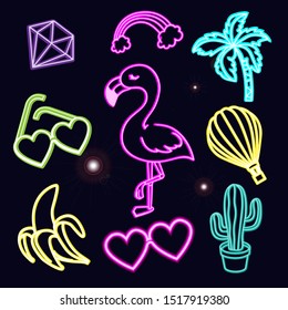 Flamingo, rainbow, diamond and cactus in neon color on a black background
