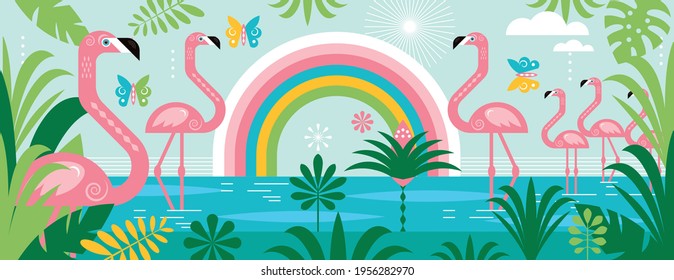 Flamingo , rainbow, palm leaves. Cartoon vector illustration, horizontal banner. 