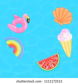 Flamingo, rainbow, watermelon, ice cream cone, seashell pool floats on blue water. Top view. Vector background in EPS 10 format