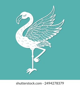 Flamingo with raised wings stands on one leg. Template for laser cutting from paper, cardboard, wood, metal. For design of postcards, interior decorations, stickers, toys, stencils, scrapbooking. Vect