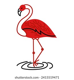 Flamingo red doodle is flat. Cute flamingo isolated on a white background. A tropical exotic bird is an animal standing on one leg. Flat vector illustration in the form of doodles.