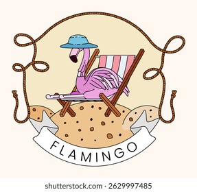 Flamingo relaxing on a beach chair in a vintage line illustration style, evoking classic summer vibes on a tropical beach holiday. Perfect for summer cards, posters, websites, merchandise, decor