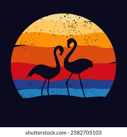 Flamingo. Retro sunset beach . 80s style grunge striped sunsets.Tourism or travel concept, adventure logo. Vector illustration.