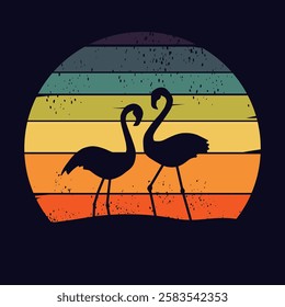 Flamingo. Retro sunset beach . 80s style grunge striped sunsets.Tourism or travel concept, adventure logo. Vector illustration.