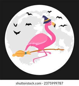 flamingo riding a broomstick on a moon background