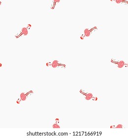 Flamingo with santa hat. Christmas tropical pattern background. Hand drawn digital watercolor illustration. White backdrop. 