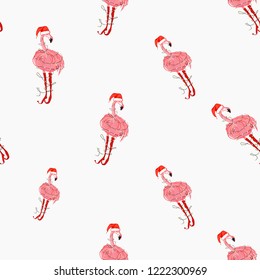 Flamingo with santa hat. Christmas tropical pattern background. Hand drawn digital watercolor illustration. White backdrop. 