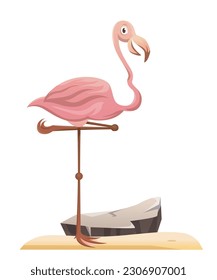 Flamingo savanna animal. Pink smiling bird with wings stands on one leg. Tropical feathered zoo character. Africa, exotic, wild life concept. Cartoon flat vector illustration on white background
