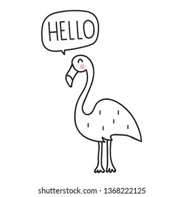 Flamingo say hello. Hand drawn vector icon illustration design in scandinavian, nordic style. Best for nursery, childish textile, apparel, poster, postcard.