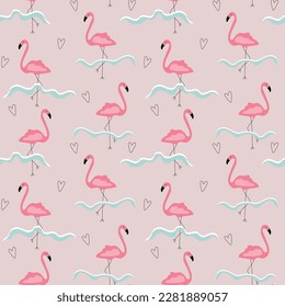 Flamingo, sea ​​waves and heart seamless pattern on pink background. Cute cartoon doodle design. Vector illustration.