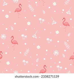 Flamingo seamless background, pattern with drawings of daisy,flowers, tropical leaves and an inscription on a pink background