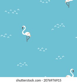 Flamingo seamless minimalistic pattern with palm trees. Cute cartoon characters on a blue background. Hand-drawn illustrations in Scandinavian style. Ideal for baby test, clothing, wallpaper