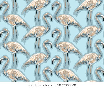 Flamingo Seamless Pattern Art On Blue-Sky Color Background Wallpaper,Tropical Animal Art Pattern