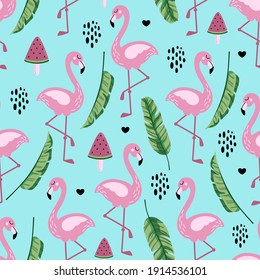 Flamingo seamless pattern with banana leaves and watermelon ice cream. Cute tropical wallpaper and fabric print. Doodle vector illustration.