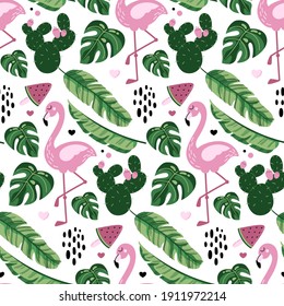 Flamingo seamless pattern with banana and monstera leaves, watermelon ice cream and cactus. Cute tropical wallpaper and fabric print. Doodle vector illustration.