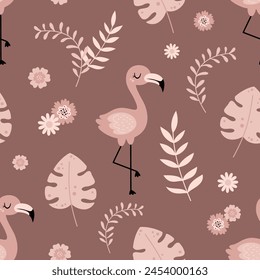 Flamingo nahtloses Muster in Cartoon flach Stil. Digitales Dschungel-Papier. Dschungelvogel-Muster. Safari-Papier. Handgezeichnete Vektorgrafik