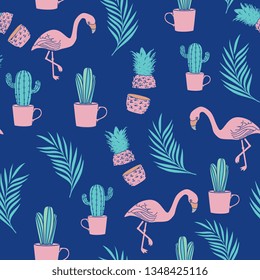 Flamingo seamless pattern design background with cactus and palm leaf