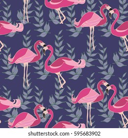 Flamingo Seamless Pattern. Exotic Tropical birds - Pink Flamingos on bordeaux background.