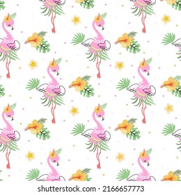 Flamingo seamless pattern. Funny beach flamingos pink white print. Exotic birds and tropical palm leaves. Summer beach hawaii simple nowaday vector background