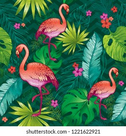 Flamingo seamless pattern, girl textile print, hand drawn doodle texture. Textile print for apparel. Handmade exotic birds with palm tropical leaves. Vector illustration isolated on green background