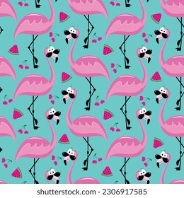 Flamingo seamless pattern isolated on turquoise background.
Funny cartoon Summer decoration.