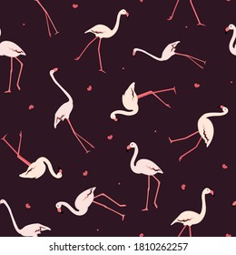 Flamingo seamless pattern. Little heart on dark background. Vector illustration.