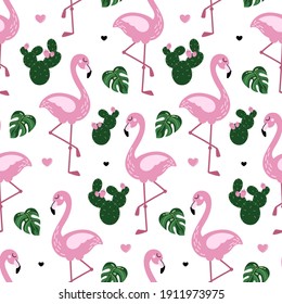 Flamingo seamless pattern with monstera leaves and cactus. Cute tropical wallpaper and fabric print. Doodle vector illustration isolated on white background.