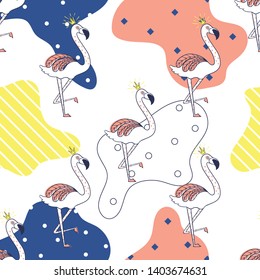 Flamingo seamless pattern on abstract background. Pink flamingo  with crown, watermelon,palm leaves.Vector background design for fabric and decor. 