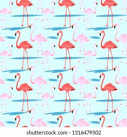 Flamingo Seamless Pattern on blue background. Silhouette of bird. Pink  flamingo. Vector illustration design for fabric and decor. Summer print