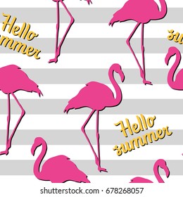 Flamingo seamless pattern on gray strips background. Pink flamingo vector background design for fabric and decor.