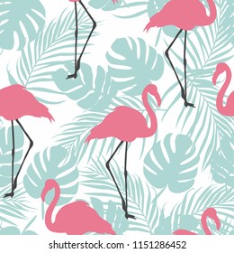 Flamingo seamless pattern on leaves background. Pink flamingo vector background design for fabric and decor.