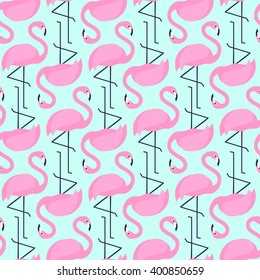 Flamingo seamless pattern on mint green background. Pink flamingo vector background. Design for fabric and decor. Tropical birds illustration.