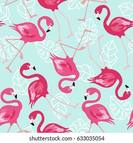 Flamingo seamless pattern on mint green background. Pink flamingo vector background design for fabric and decor. Vector trendy illustration.