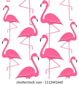Flamingo seamless pattern on polka dots background, exotic tropical bird vector, summer beautiful fashion print isolated on white