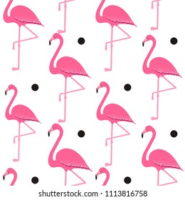 Flamingo seamless pattern on polka dots background, exotic tropical bird vector, summer beautiful fashion print isolated on white