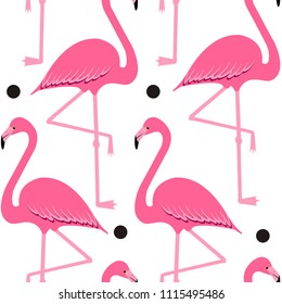 Flamingo seamless pattern on polka dots background, exotic tropical bird vector, summer beautiful fashion print isolated on white