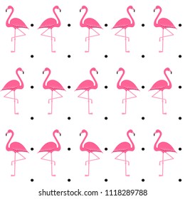 Flamingo seamless pattern on polka dots background, exotic tropical bird vector, summer beautiful fashion print isolated on white