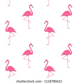 Flamingo seamless pattern on polka dots background, exotic tropical bird vector, summer beautiful fashion print isolated on white
