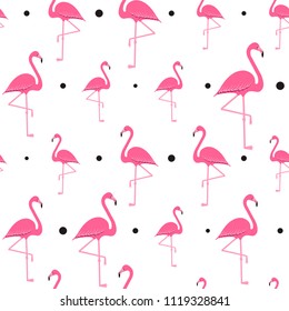 Flamingo seamless pattern on polka dots background, exotic tropical bird vector, summer beautiful fashion print isolated on white