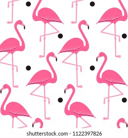 Flamingo seamless pattern on polka dots background, exotic tropical bird vector, summer beautiful fashion print isolated on white
