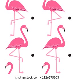 Flamingo seamless pattern on polka dots background, exotic tropical bird vector, summer beautiful fashion print isolated on white