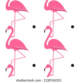 Flamingo seamless pattern on polka dots background, exotic tropical bird vector, summer beautiful fashion print isolated on white