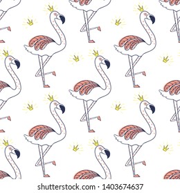 Flamingo seamless pattern on white background. Pink flamingo  with crown, watermelon,palm leaves.Vector background design for fabric and decor. 
