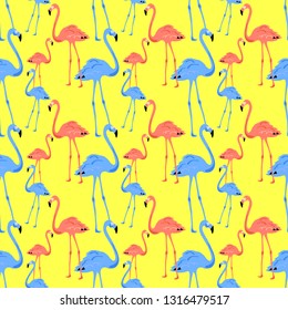 Flamingo Seamless Pattern on yellow background. Silhouette of bird. Pink and blue flamingo. Vector illustration design for fabric and decor. Summer print