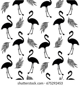  Flamingo seamless pattern with palm leaves. Popular background with Flamingo. Silhouette seamless pattern of Flamingos on a white background.