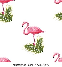 Patrón sin fisuras de flamenco. Flamencos rosados, aves exóticas, hojas tropicales, árboles, hojas de la jungla patrón floral vectorial sin soldadura