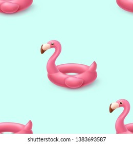 Flamingo seamless pattern. Pink inflatable swimming pool ring on blue background. Vector 3d float flamingo vacation icons. Summer beach or pool toys template.
