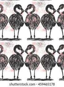 Flamingo seamless pattern with polka dots background. Black Flamingo vector design for fabric and decor.
