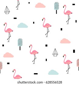 Flamingo seamless pattern. Scandinavian design background, Vector tropical exotic texture. Geometric elements. Ice cream, clouds